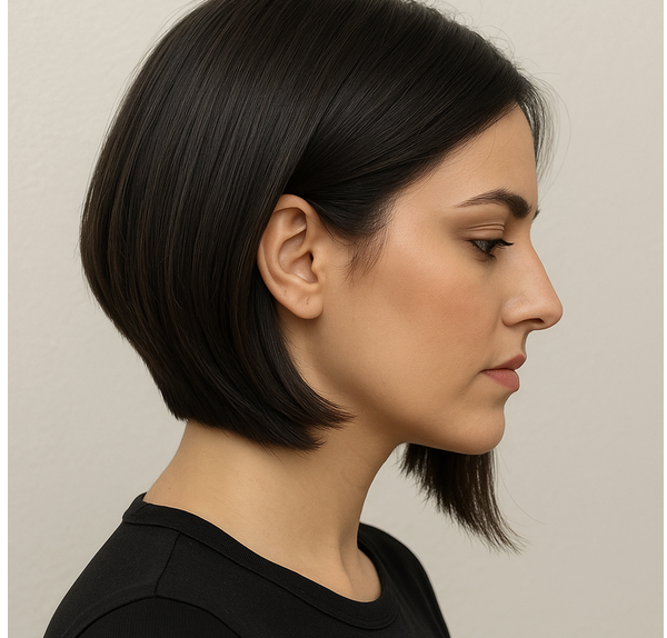 Résultat final d’une coupe graduée asymétrique sur cheveux bruns