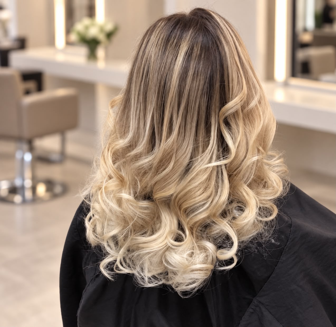 Résultat de balayage blond vu de dos, boucles lumineuses réalisées en salon professionnel
