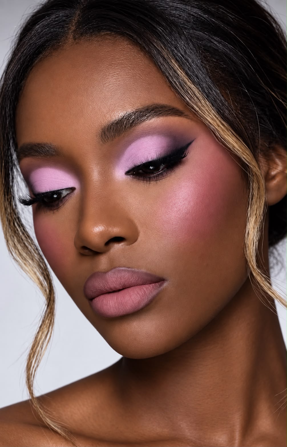 Maquillage glam rose avec teint lumineux sur peau foncée