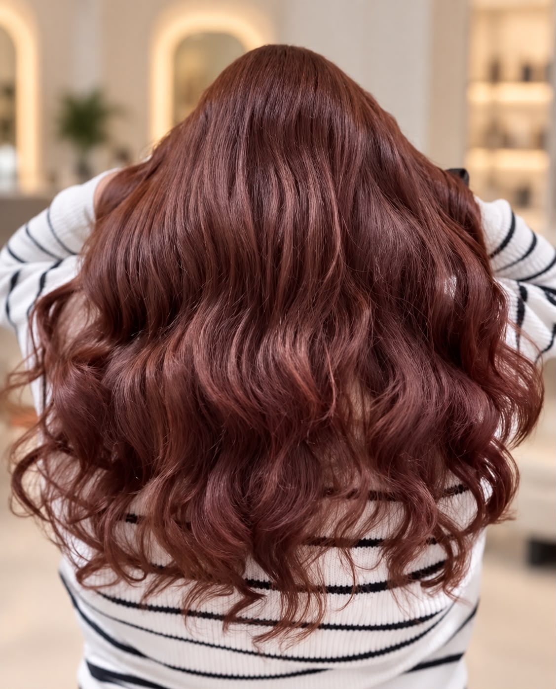 Résultat de coloration cuivrée acajou sur cheveux longs ondulés